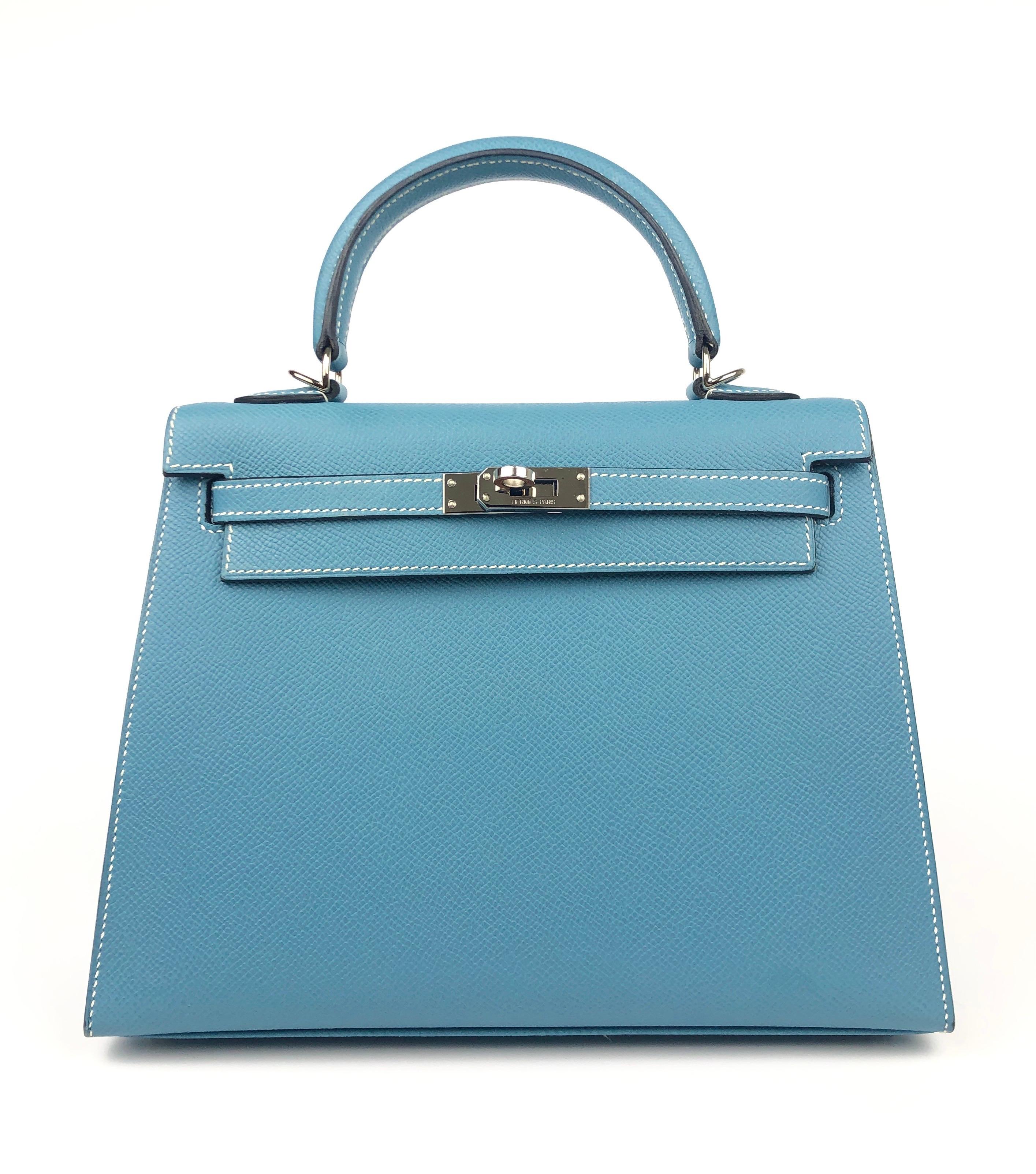 Stunning Hermes Kelly 25 Blue Jean Epsom Sellier Palladium Hardware. Excellent Condition, Hairlines on Hardware, excellent structure and corners.

Shop with Confidence from Lux Addicts. Authenticity Guaranteed! 