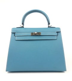 Hermes Kelly 25 Blue Jean Epsom Sellier Palladium Hardware