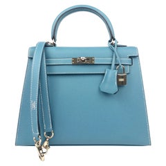 Hermes Kelly 25 Blue Jean Epsom Sellier Palladium Hardware