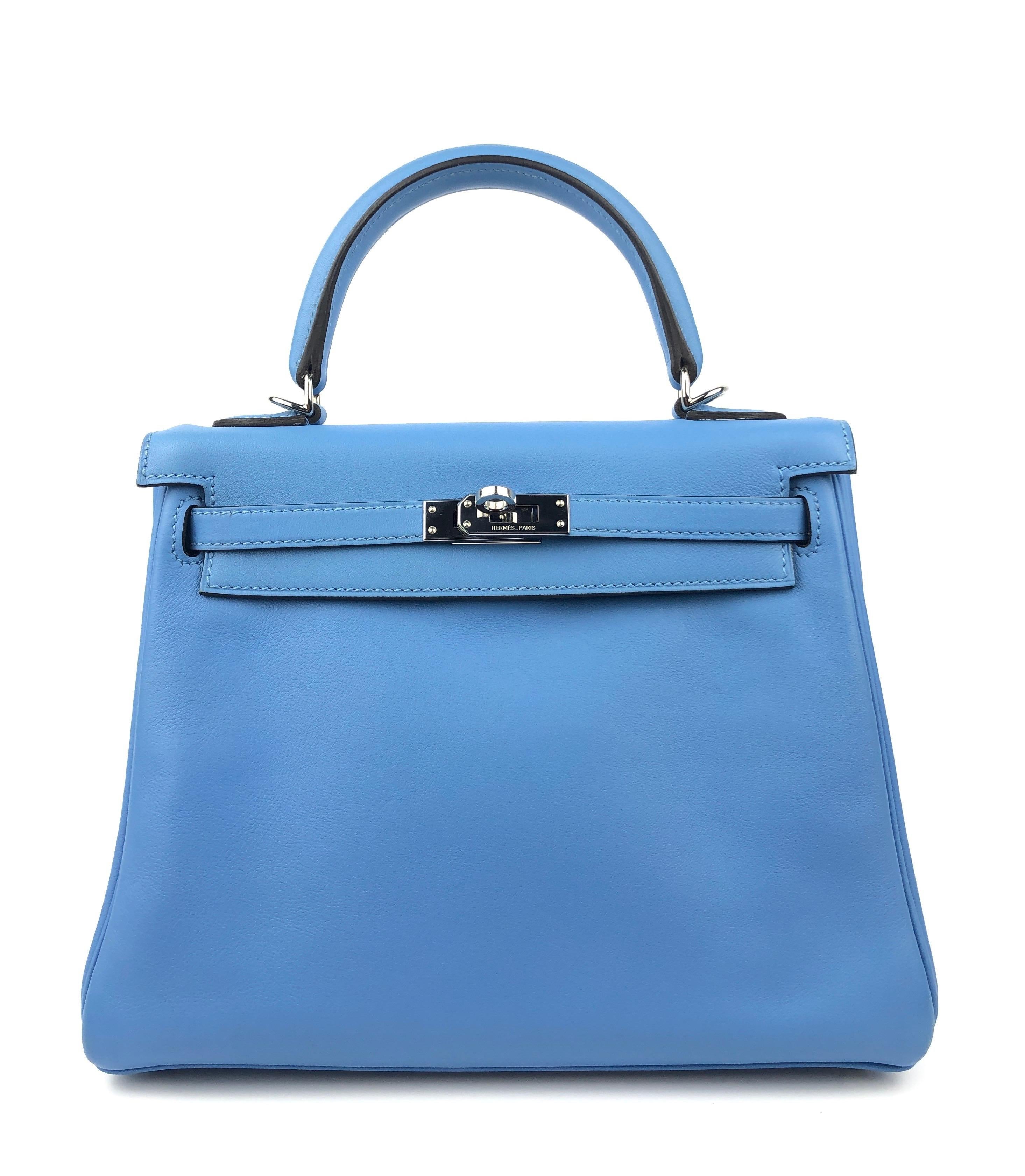 Hermes Kelly 25 Blue Paradise Swift Leather Palladium Hardware. Excellent Pristine Condition. Light hairlines on hardware. 

Shop with Confidence from Lux Addicts. Authenticity Guaranteed! 