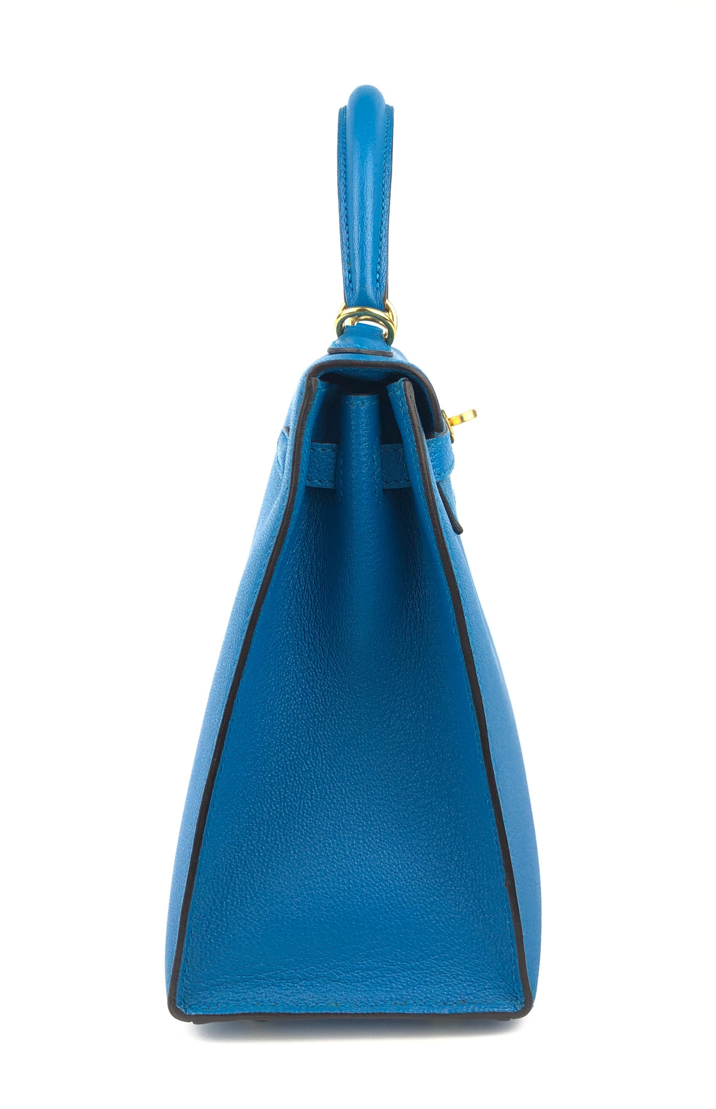 Women's or Men's Hermes Kelly 25 Blue Zanzibar Sellier Chèvre Leather Shoulder Bag Gold Hardware