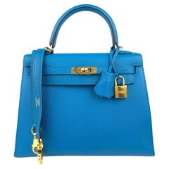 Hermes Kelly 25 Blue Zanzibar Sellier Chèvre Leather Shoulder Bag Gold Hardware