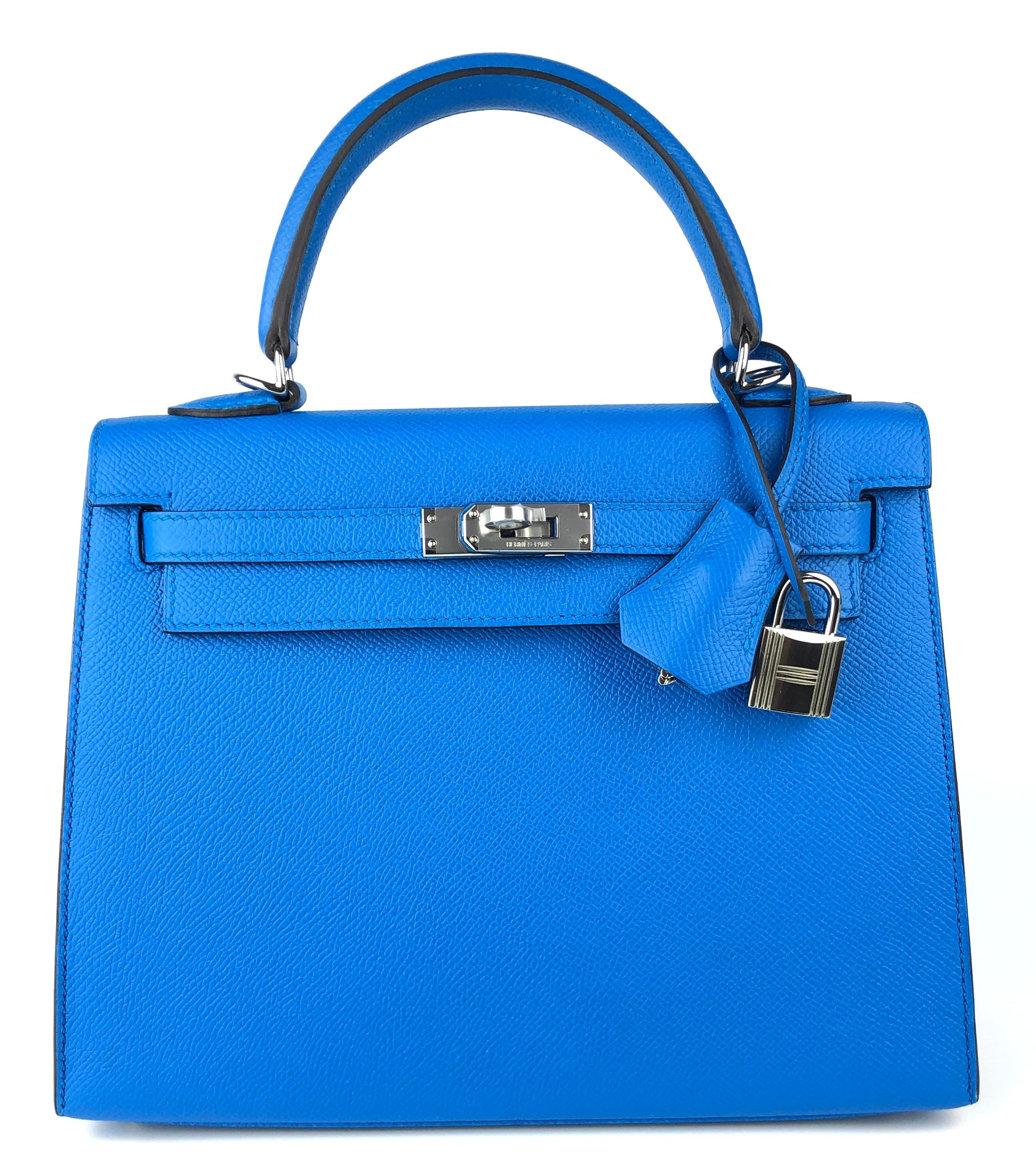 Beautiful Hermes Kelly 25 Sellier Blue Zanzibar Epsom Leather. Complimented by Palladium Hardware. Pristine Condition with Plastic on Hardware. 2017 A Stamp. 

Shop with Confidence from Lux. Addicts. Authenticity Guaranteed! 

Please keep in mind