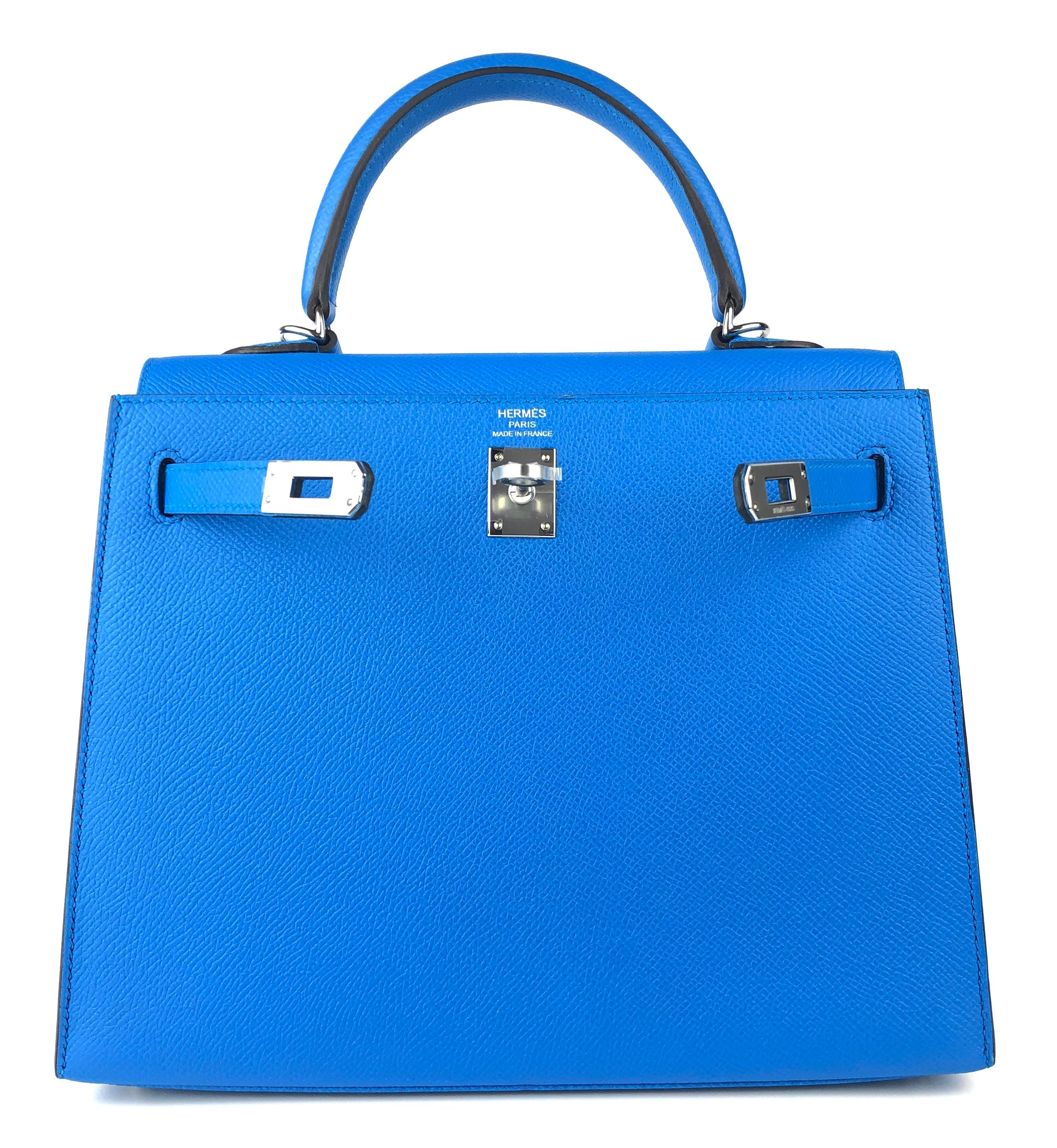 Hermes Kelly 25 Blue Zanzibar Sellier Shoulder Bag Palladium Hardware In Excellent Condition In Miami, FL