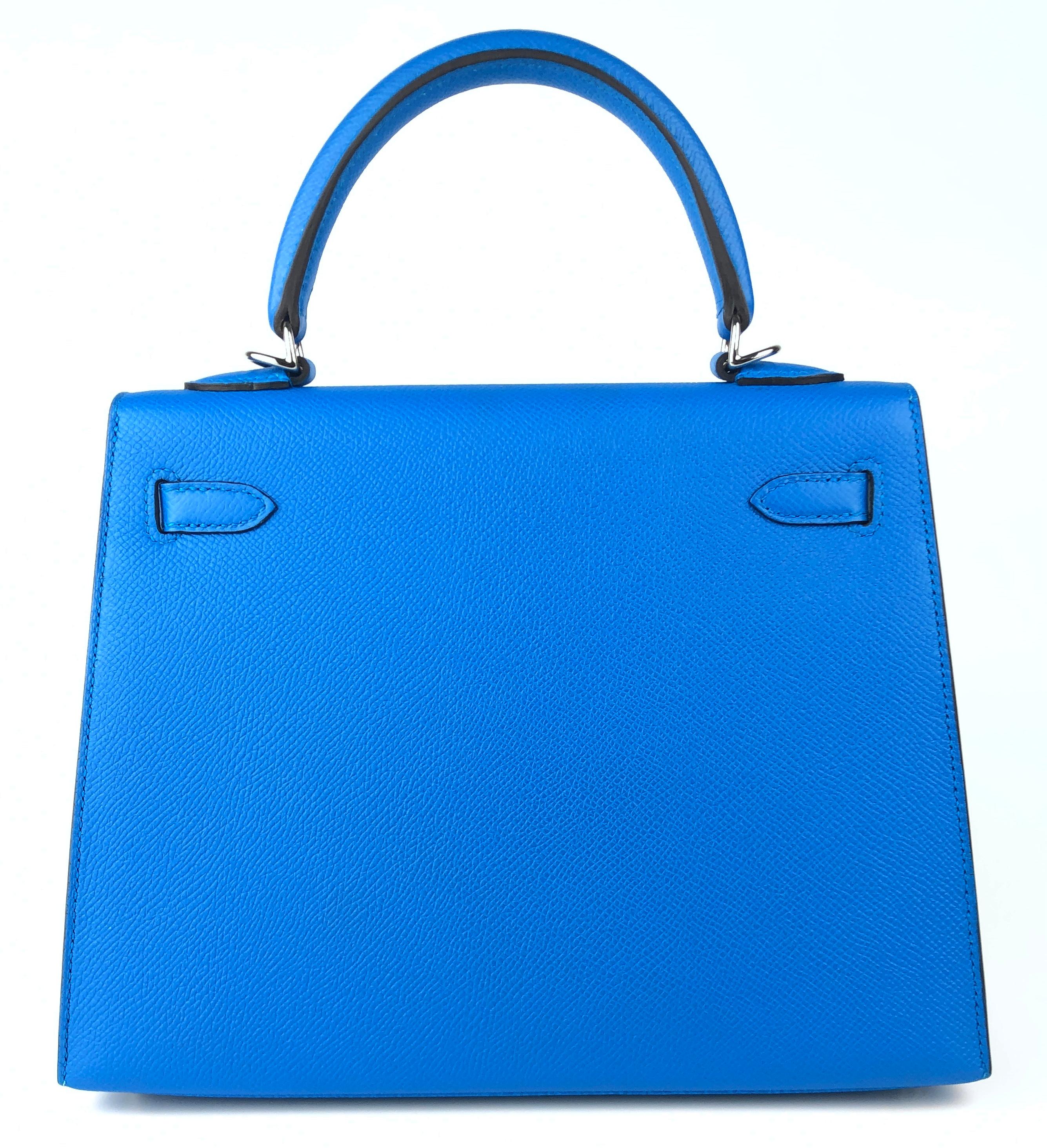 Women's or Men's Hermes Kelly 25 Blue Zanzibar Sellier Shoulder Bag Palladium Hardware