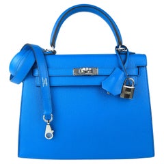 Hermes Kelly 25 Blue Zanzibar Sellier Shoulder Bag Palladium Hardware