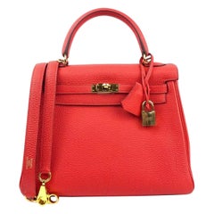 Hermes Kelly 25 Bougainvillea Red Pink With Gold Hardware