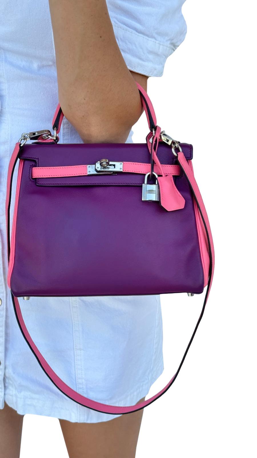Hermes Kelly 25 Bubblegum Purple Two-Tone Swift Leather Palladium Hardware For Sale 12