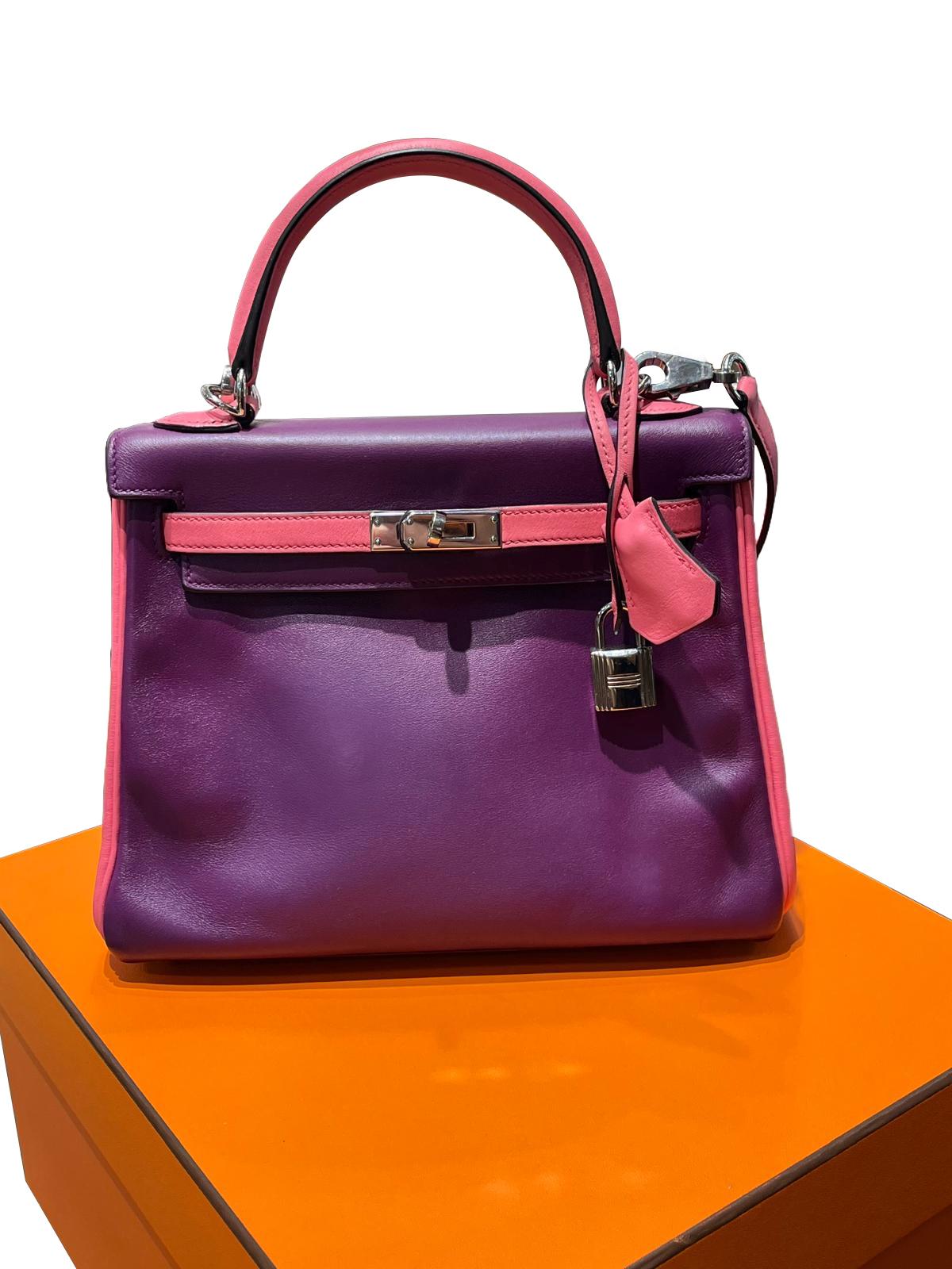 Women's Hermes Kelly 25 Bubblegum Purple Two-Tone Swift Leather Palladium Hardware For Sale