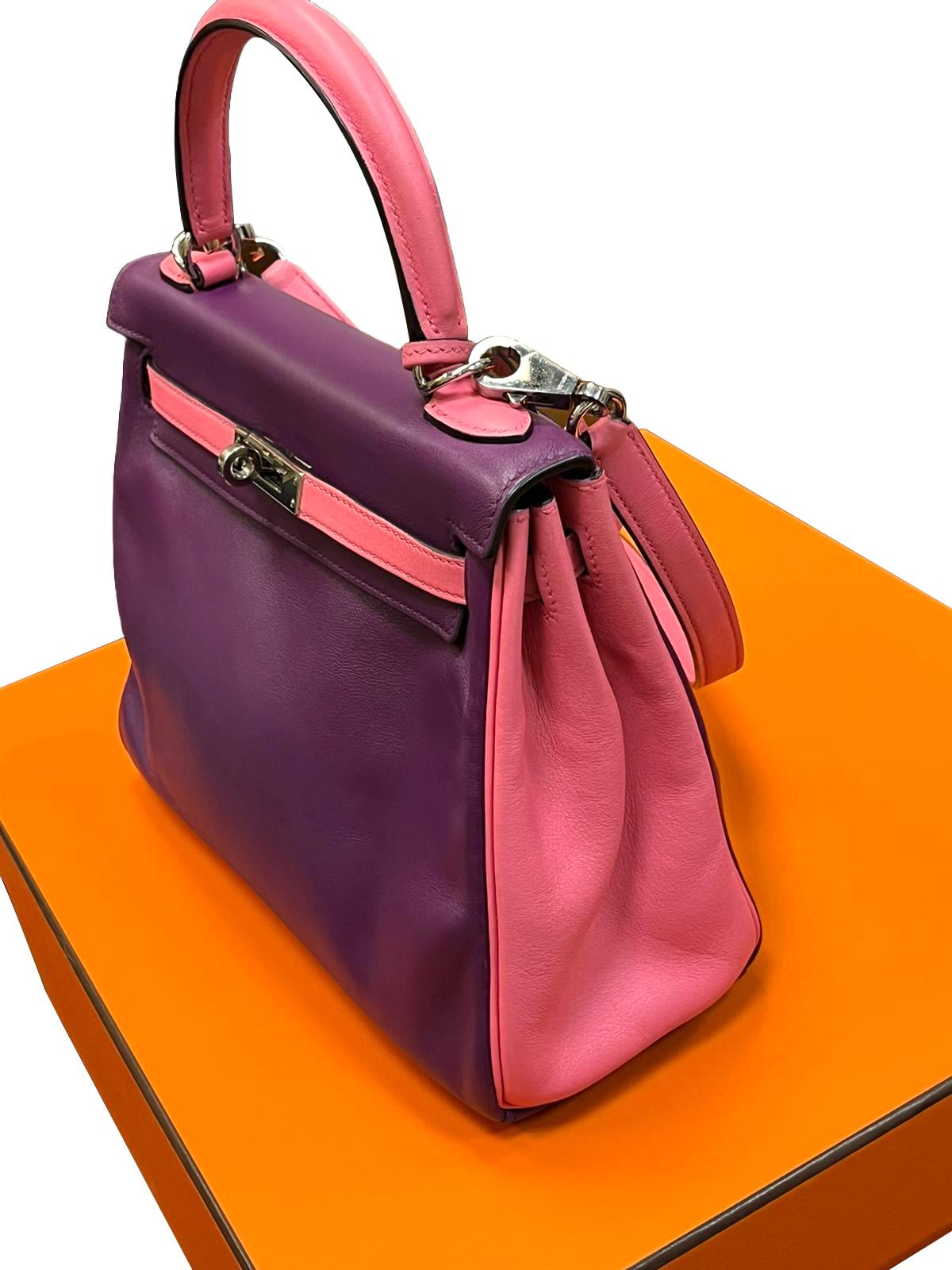 Hermes Kelly 25 Bubblegum Purple Two-Tone Swift Leather Palladium Hardware For Sale 1