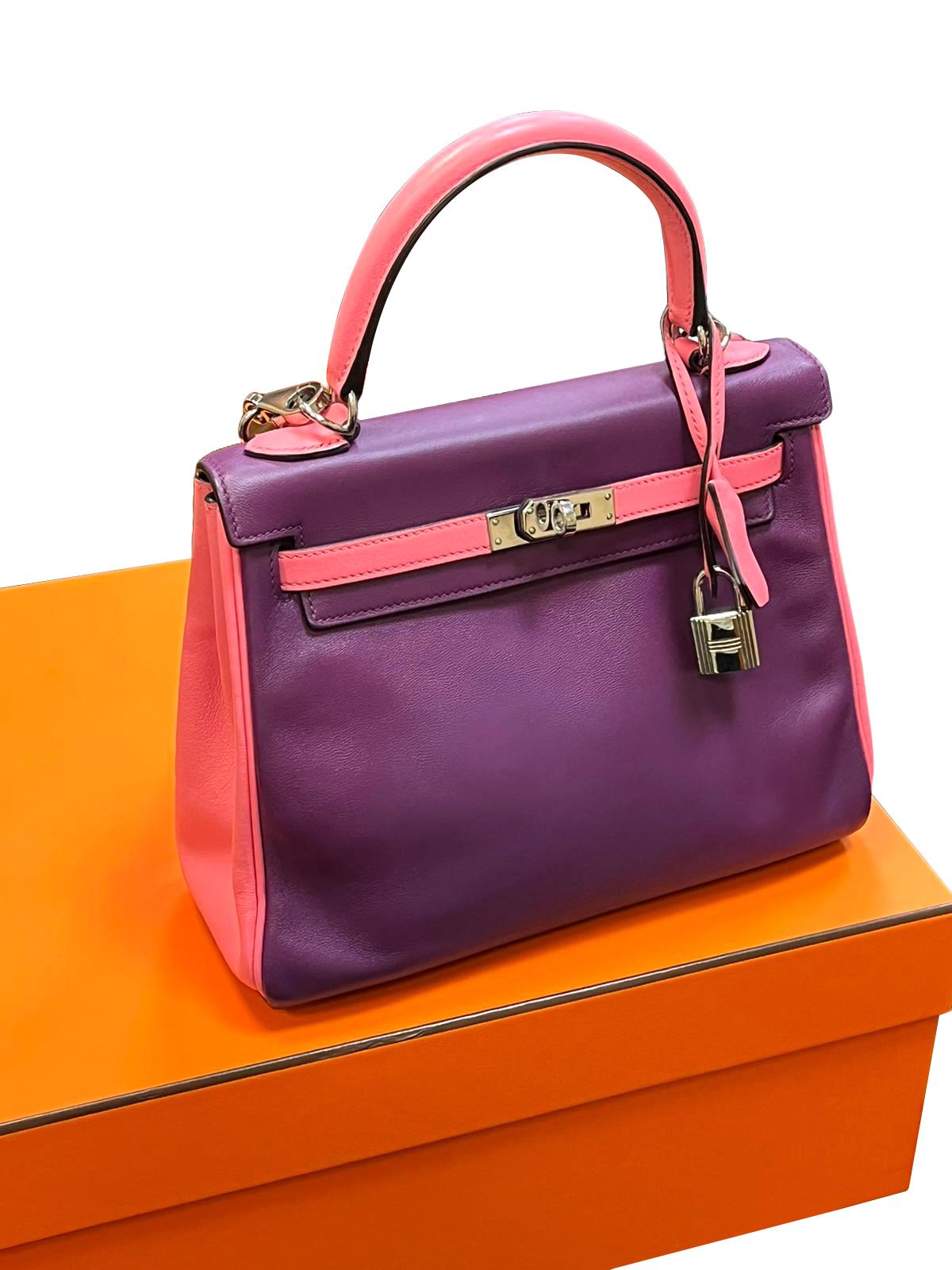 Hermes Kelly 25 Bubblegum Purple Two-Tone Swift Leather Palladium Hardware For Sale 2