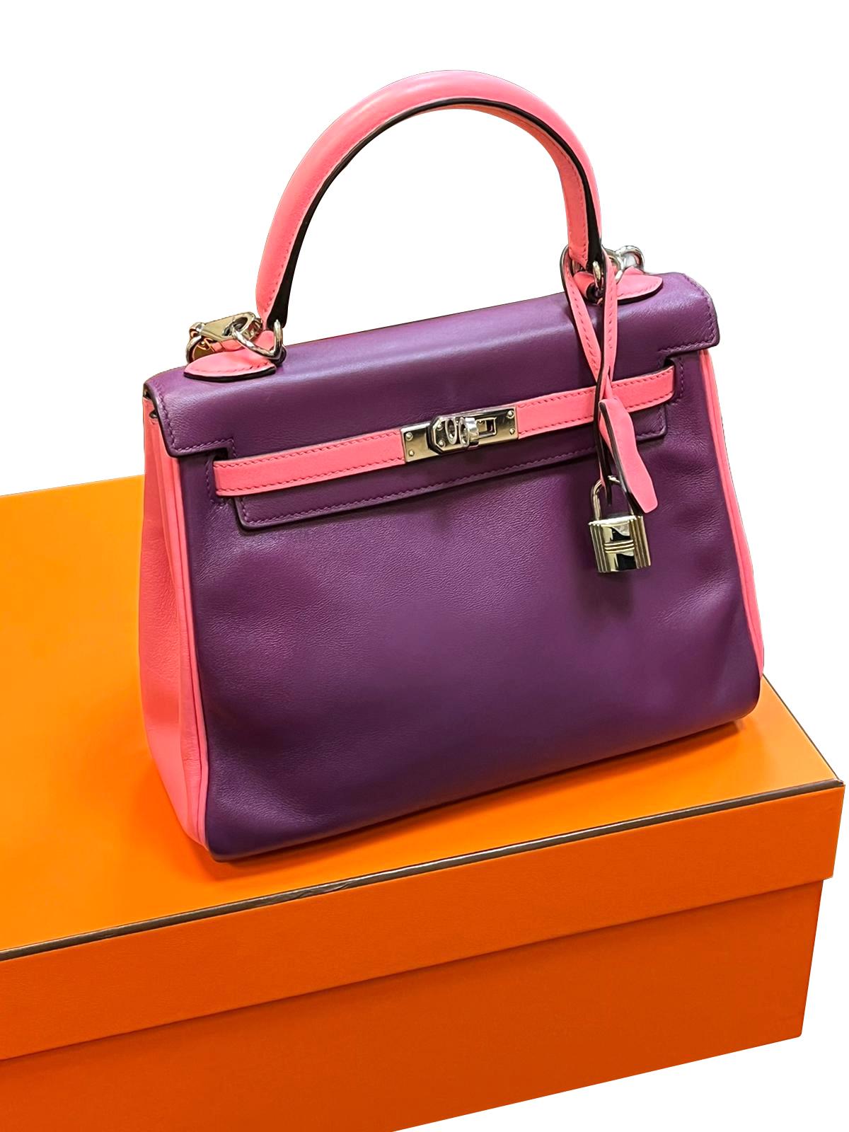 Hermes Kelly 25 Bubblegum Purple Two-Tone Swift Leather Palladium Hardware For Sale 3