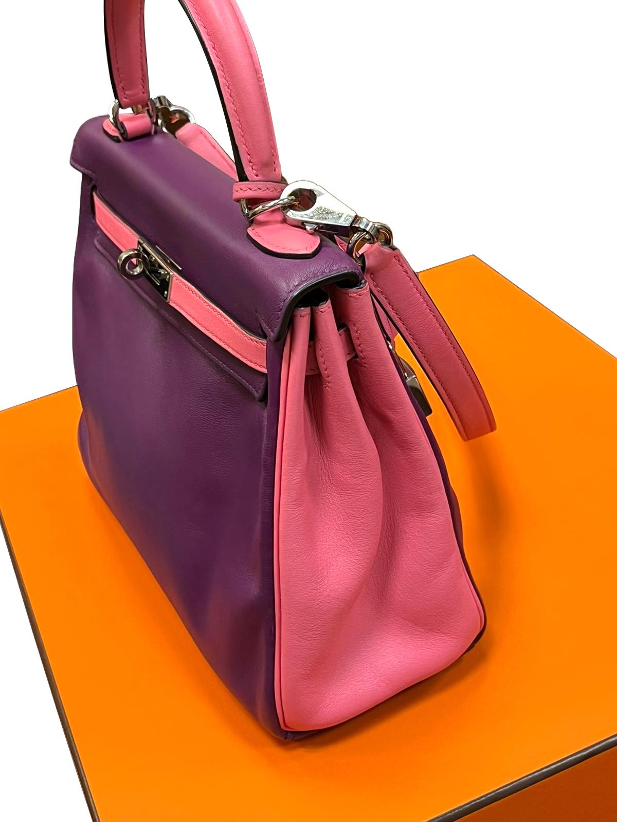 Hermes Kelly 25 Bubblegum Purple Two-Tone Swift Leather Palladium Hardware For Sale 4