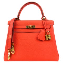 Hermes Kelly 25 Capucine Orange Red Gold Hardware With Plastic