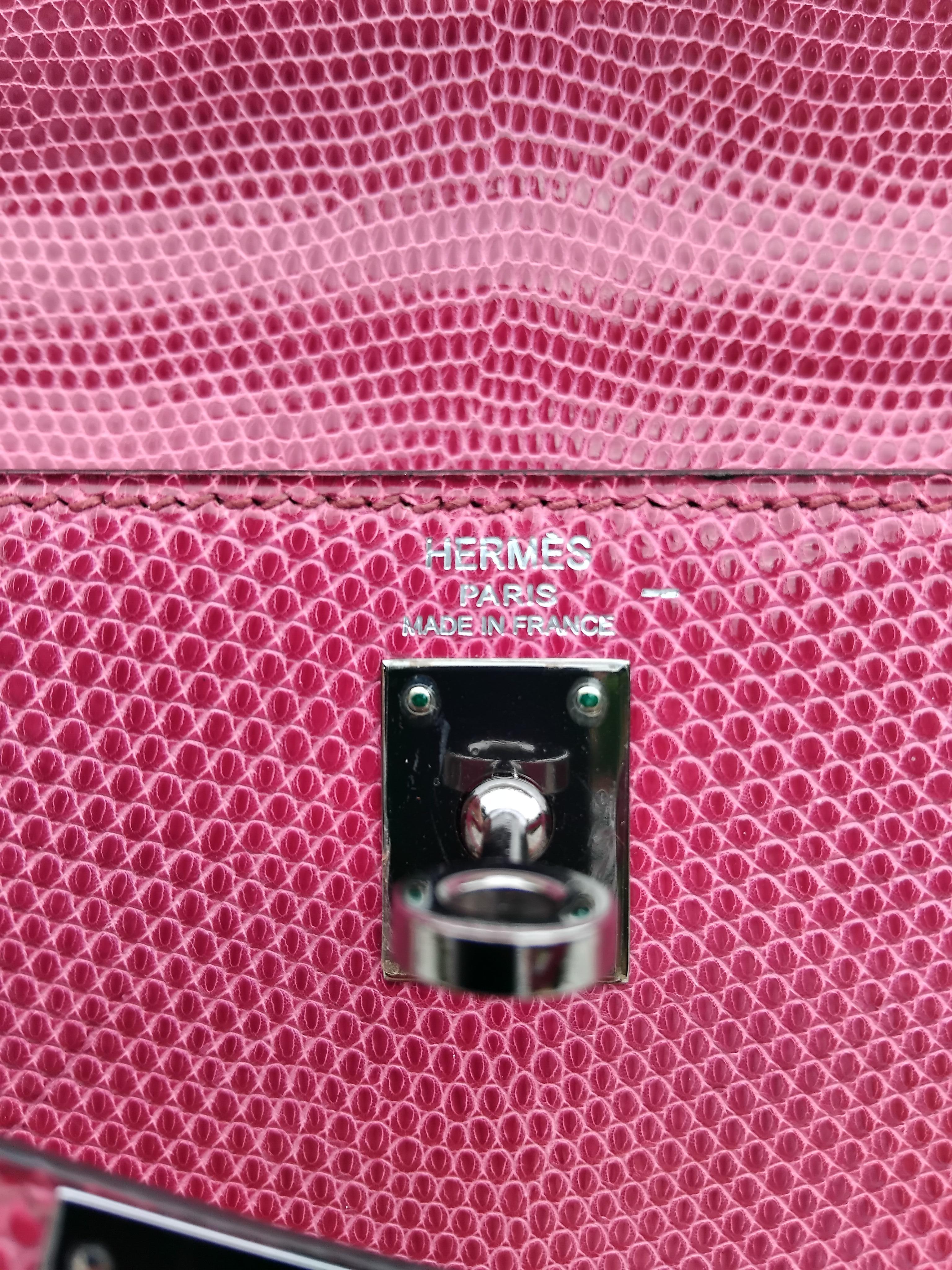 Hermès Kelly 25 cm Sellier Fuchsia Rosa Eidechse Ruth Hdw Mit Spiegel im Angebot 11