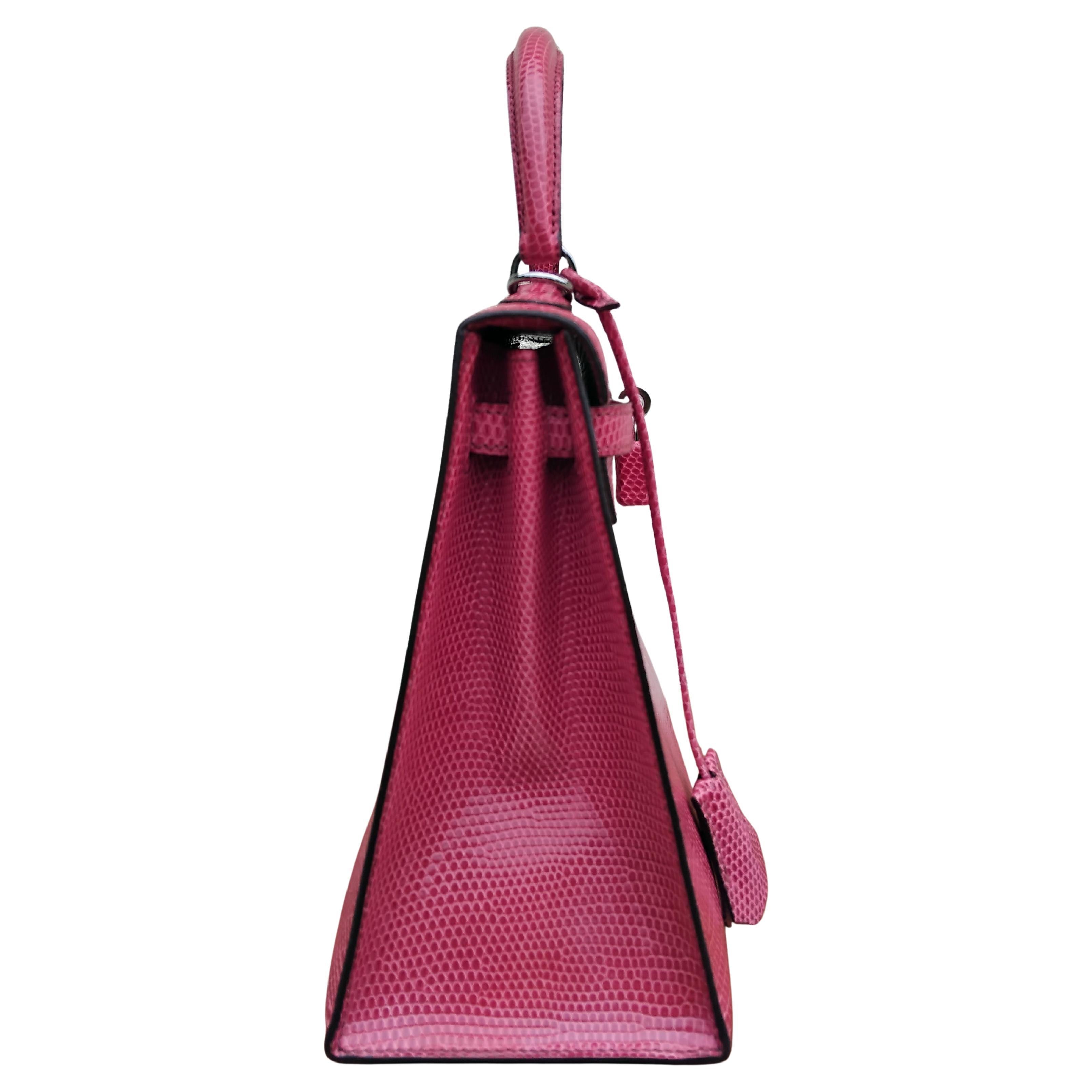 Hermès Kelly 25 cm Sellier Fuchsia Rosa Eidechse Ruth Hdw Mit Spiegel im Angebot 9
