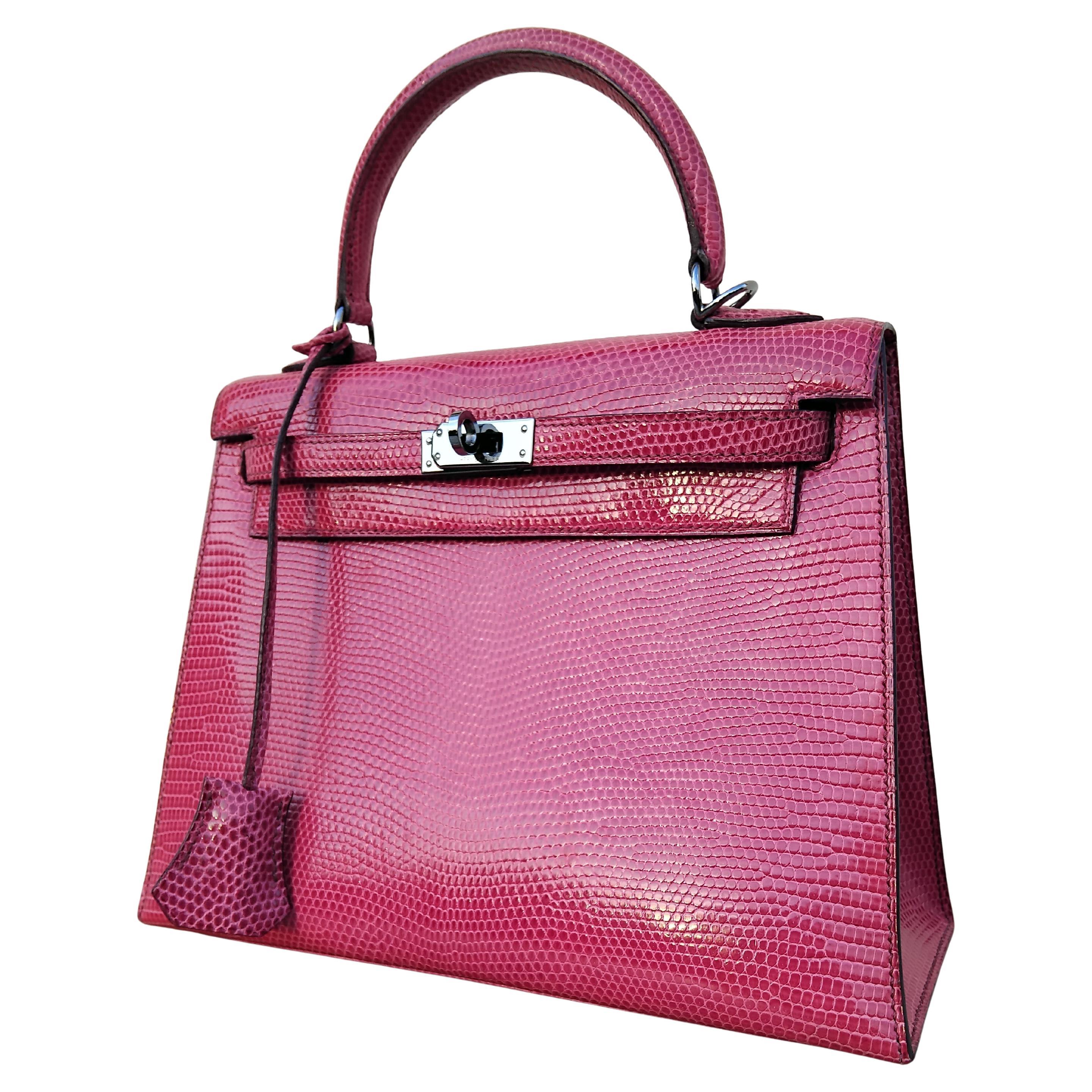 Hermès Kelly 25 cm Sellier Fuchsia Rosa Eidechse Ruth Hdw Mit Spiegel im Angebot 4
