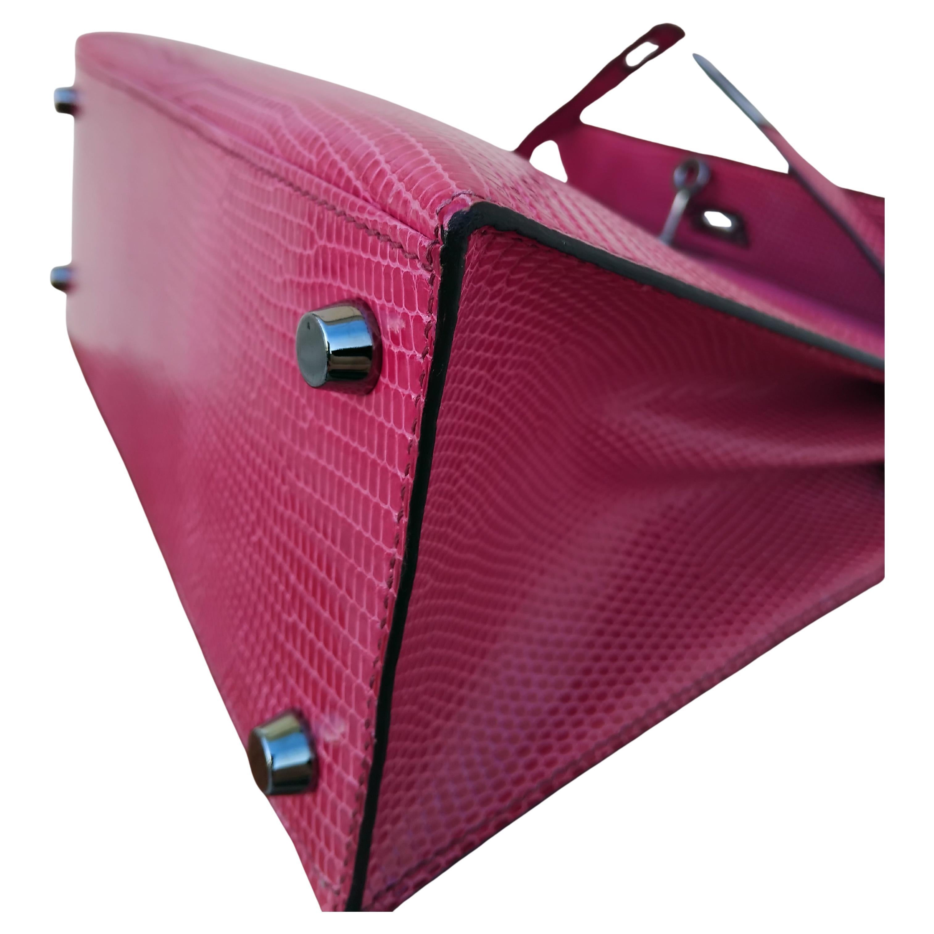 Hermès Kelly 25 cm Sellier Fuchsia Rosa Eidechse Ruth Hdw Mit Spiegel im Angebot 1