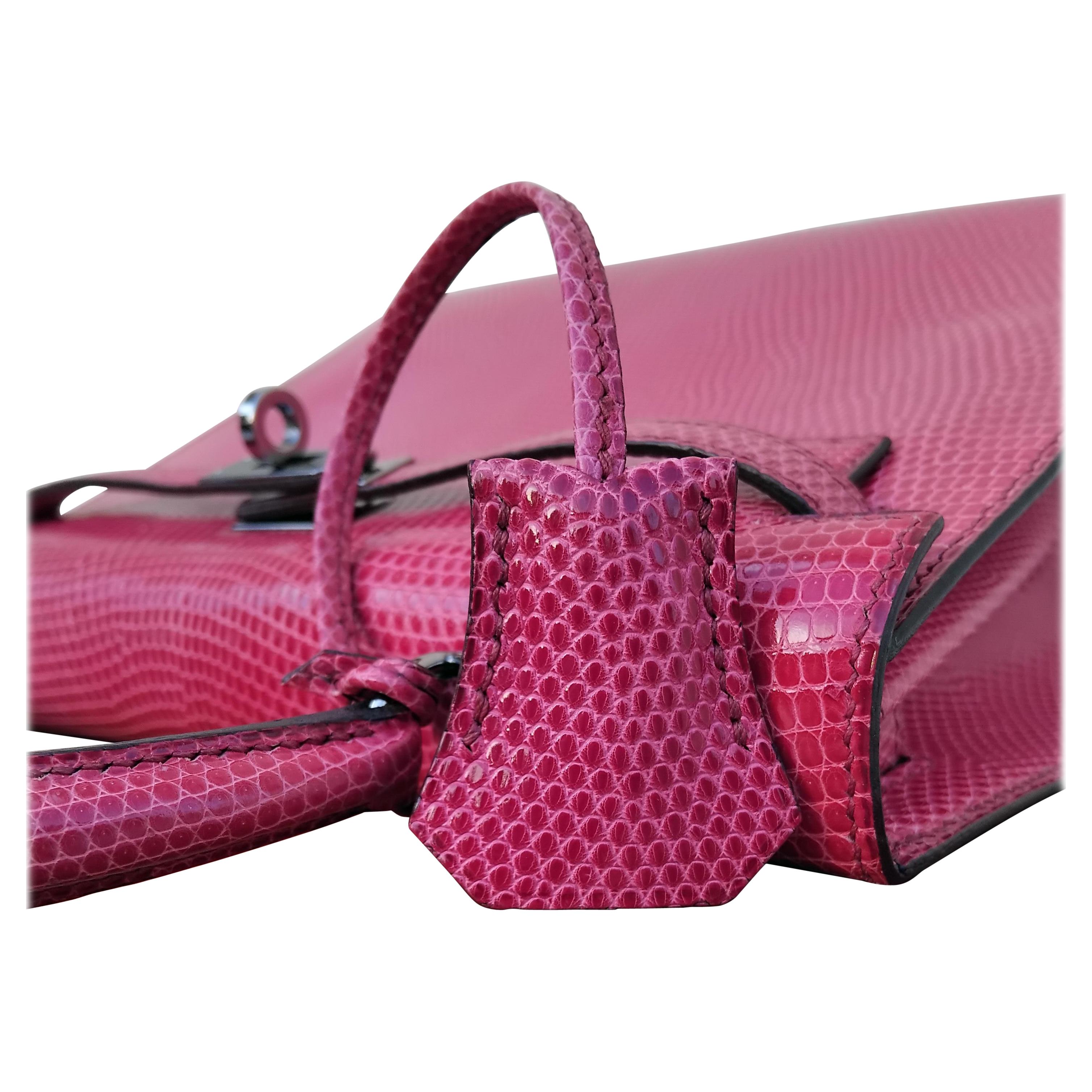 Hermès Kelly 25 cm Sellier Fuchsia Rosa Eidechse Ruth Hdw Mit Spiegel im Angebot 2