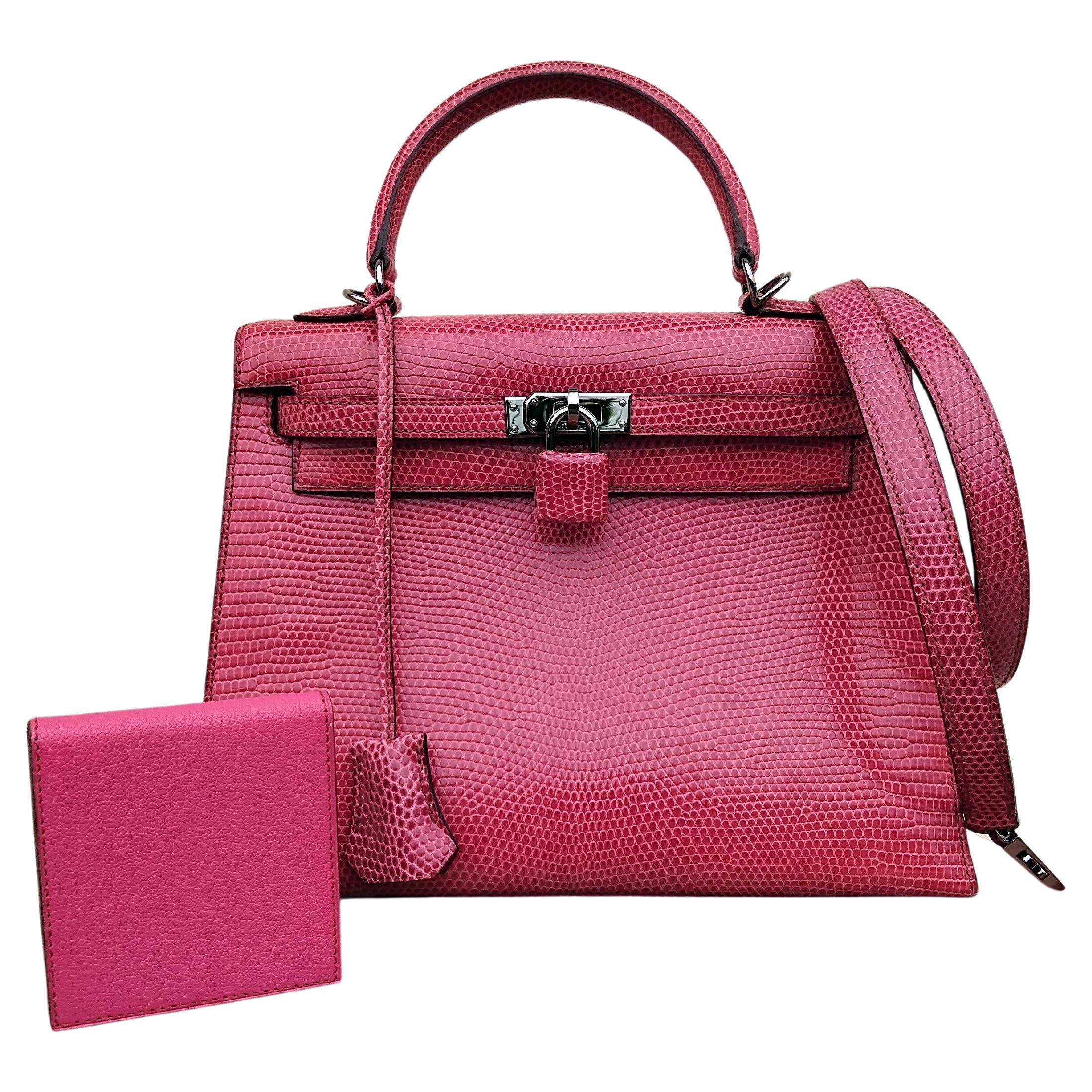 Hermès Kelly 25 cm Sellier Fuchsia Pink Lizard Ruth Hdw With Mirror