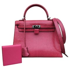 Hermès Kelly 25 cm Sellier Fuchsia Pink Lizard Ruth Hdw With Mirror