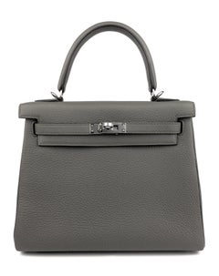 Hermes Kelly 25 Etain Gray Togo Leather Palladium Shoulder Bag NEW 2021