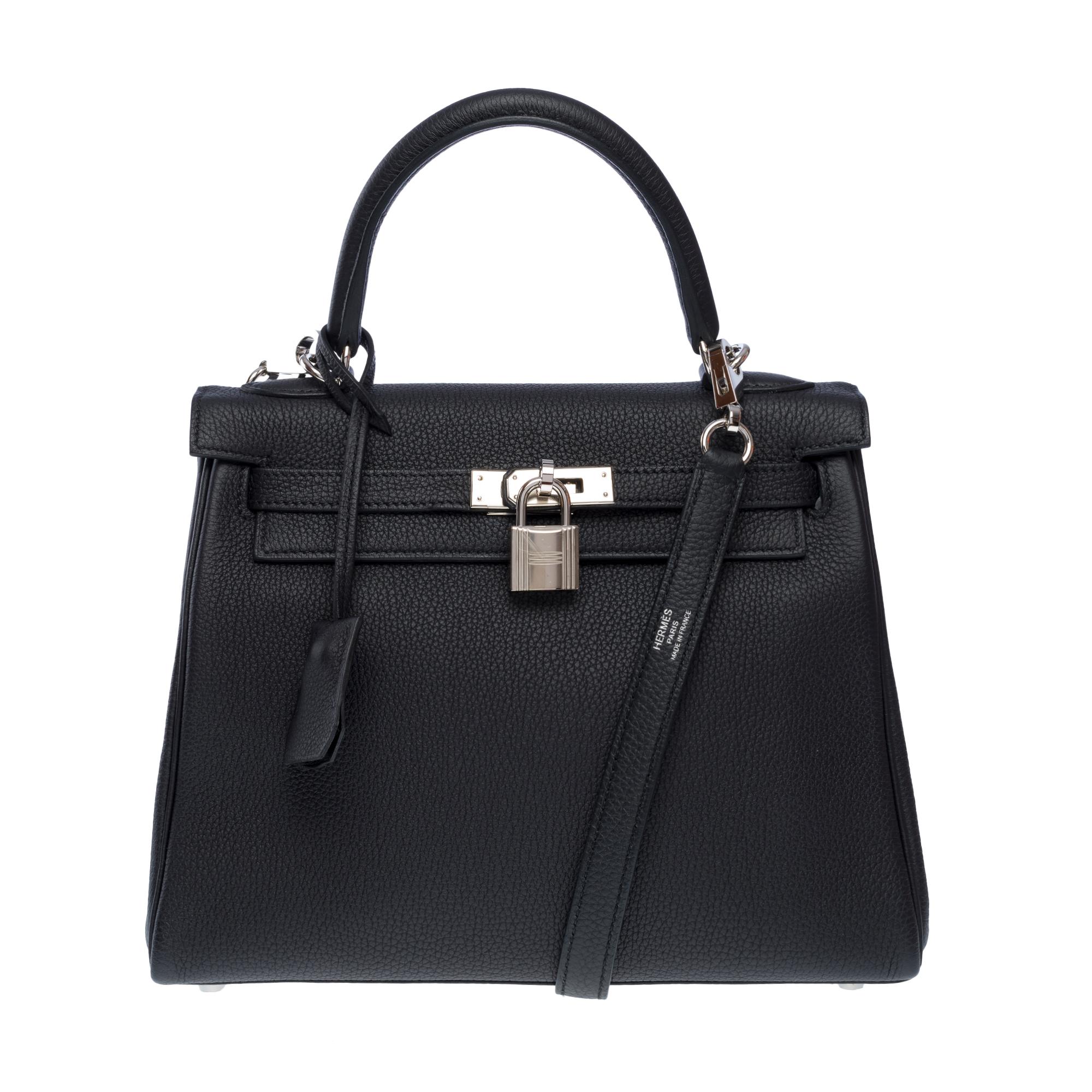 Orange Hermès Kelly 25 handbag strap in Black Togo calf leather , PHW