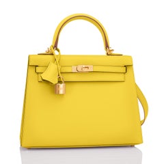 Hermes Kelly 25 Lime Epsom Sellier Shoulder Bag Gold Hardware Fluo Yellow Rare