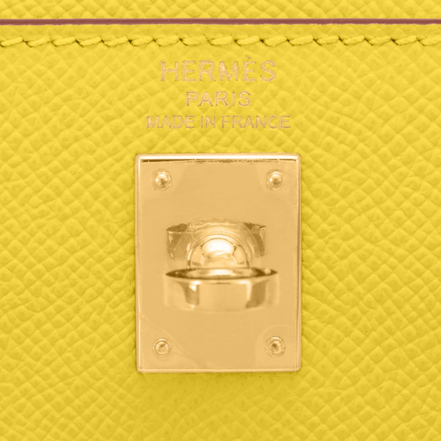 Hermes Kelly 25 Lime Epsom Sellier Umhängetasche Gold Hardware Fluo Gelb Rare im Angebot 4