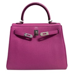 Hermes Kelly 25 Magnolia Purple Togo Leather Palladium Hardware Top Handle Bag
