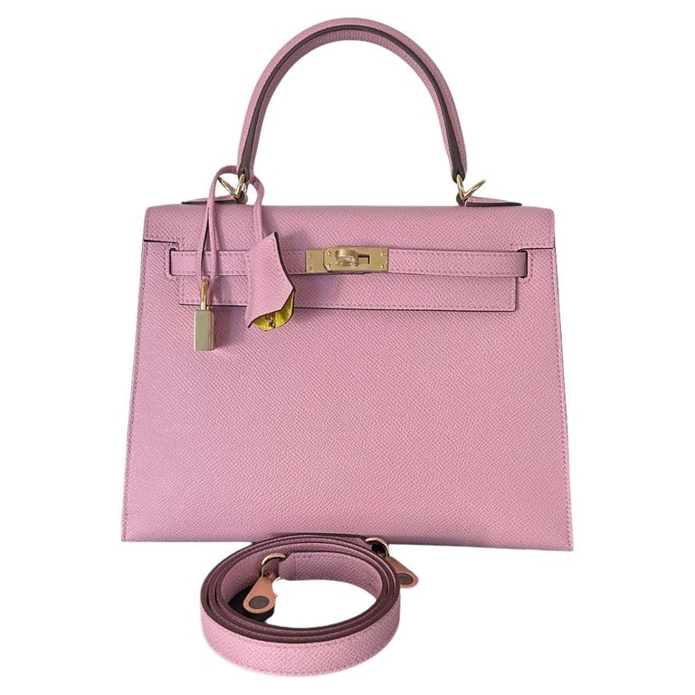 Hermes Kelly 25 Mauve Sylvestre Epsom w Lime Inside Horseshoe For Sale