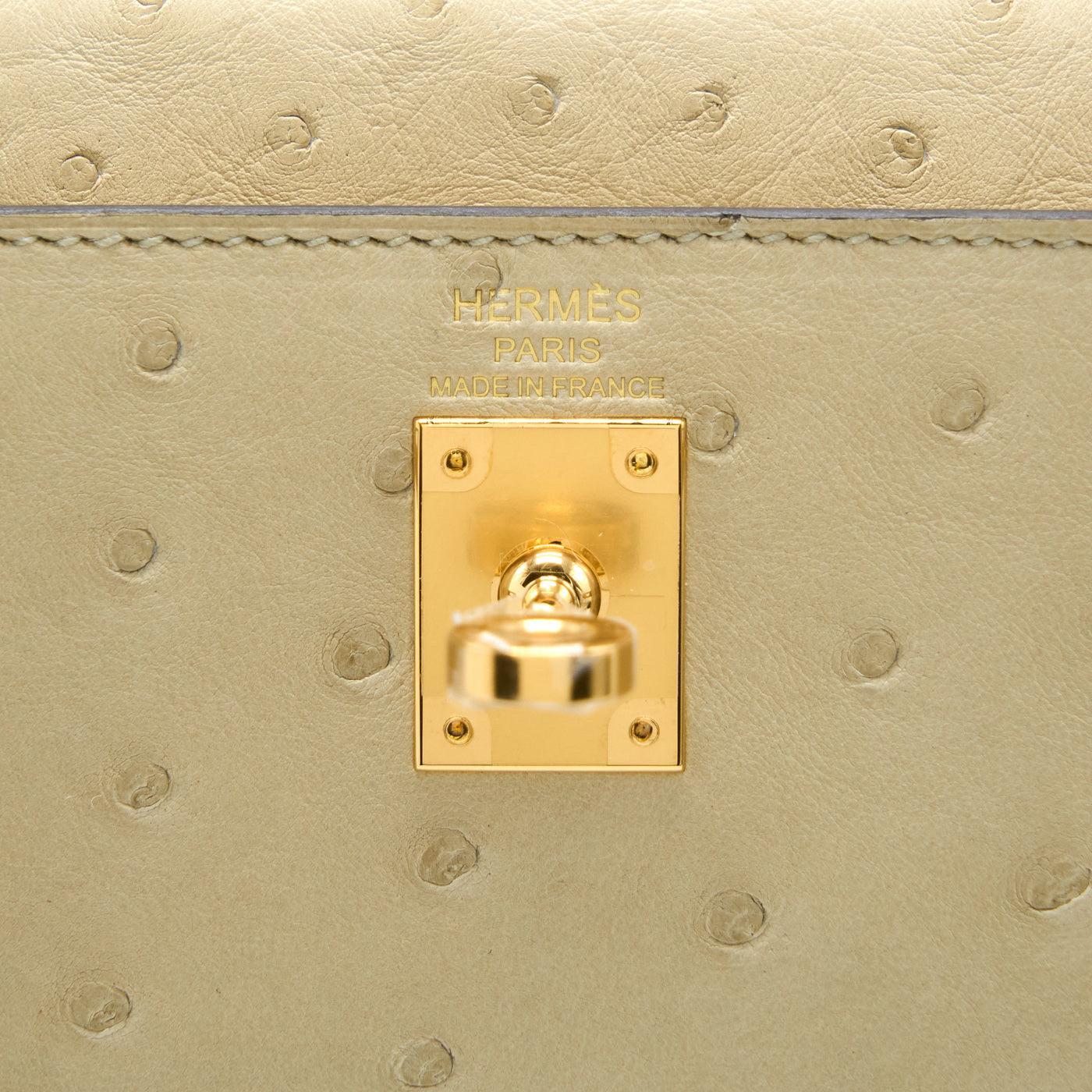 Hermes Kelly 25 OSTRICH 3C PARCHEMIN GHW STAMP U 2