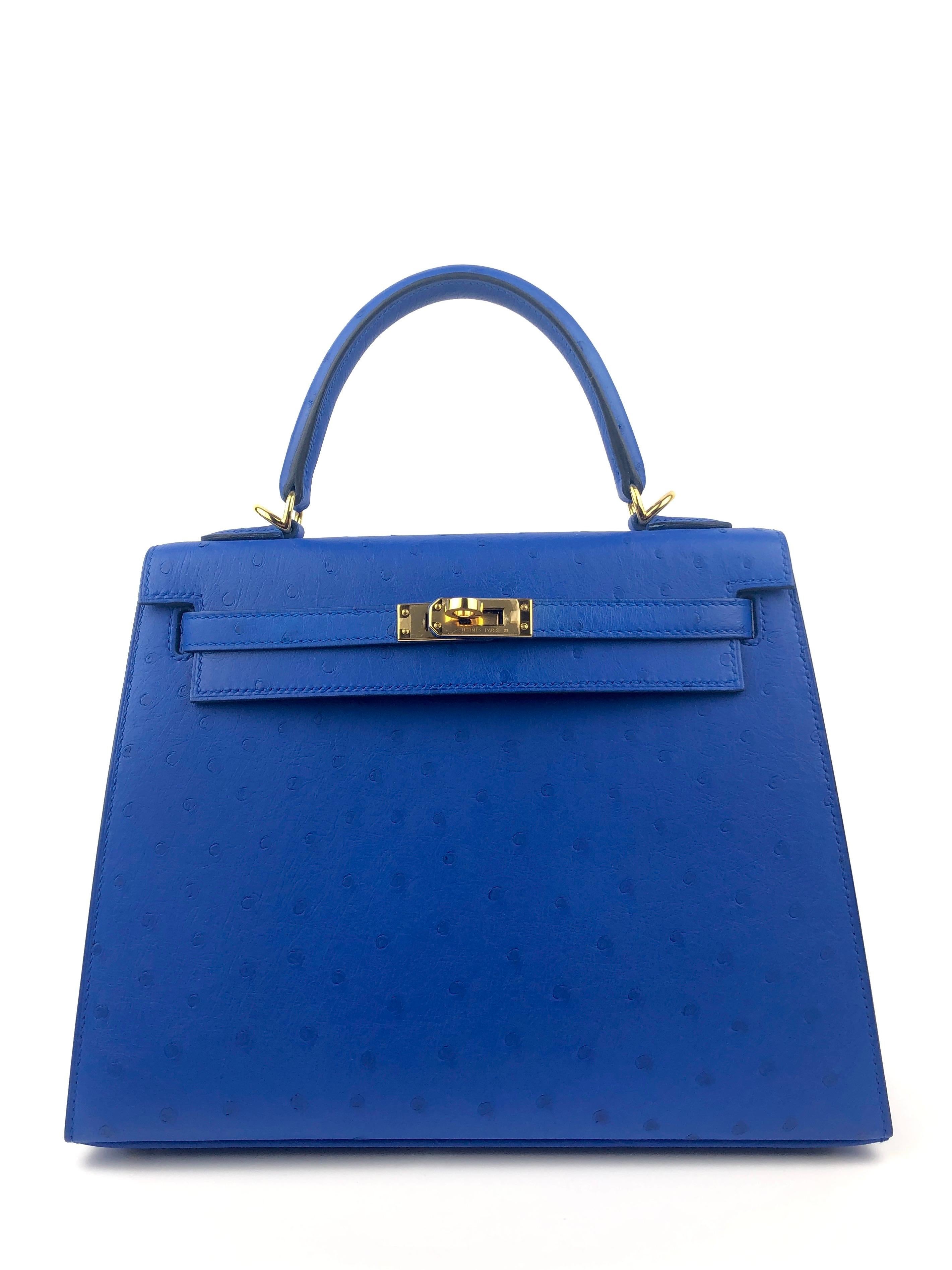 New Hermes Kelly 25 Ostrich Bleuet Blue Gold Hardware. New rare Bleuet Hermes color. From collectors closet! D Stamp 2019. 

Shop with Confidence from Lux Addicts. Authenticity Guaranteed!