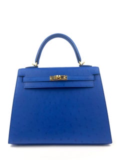 Hermes Kelly 25 Ostrich Bleuet Blue Gold Hardware