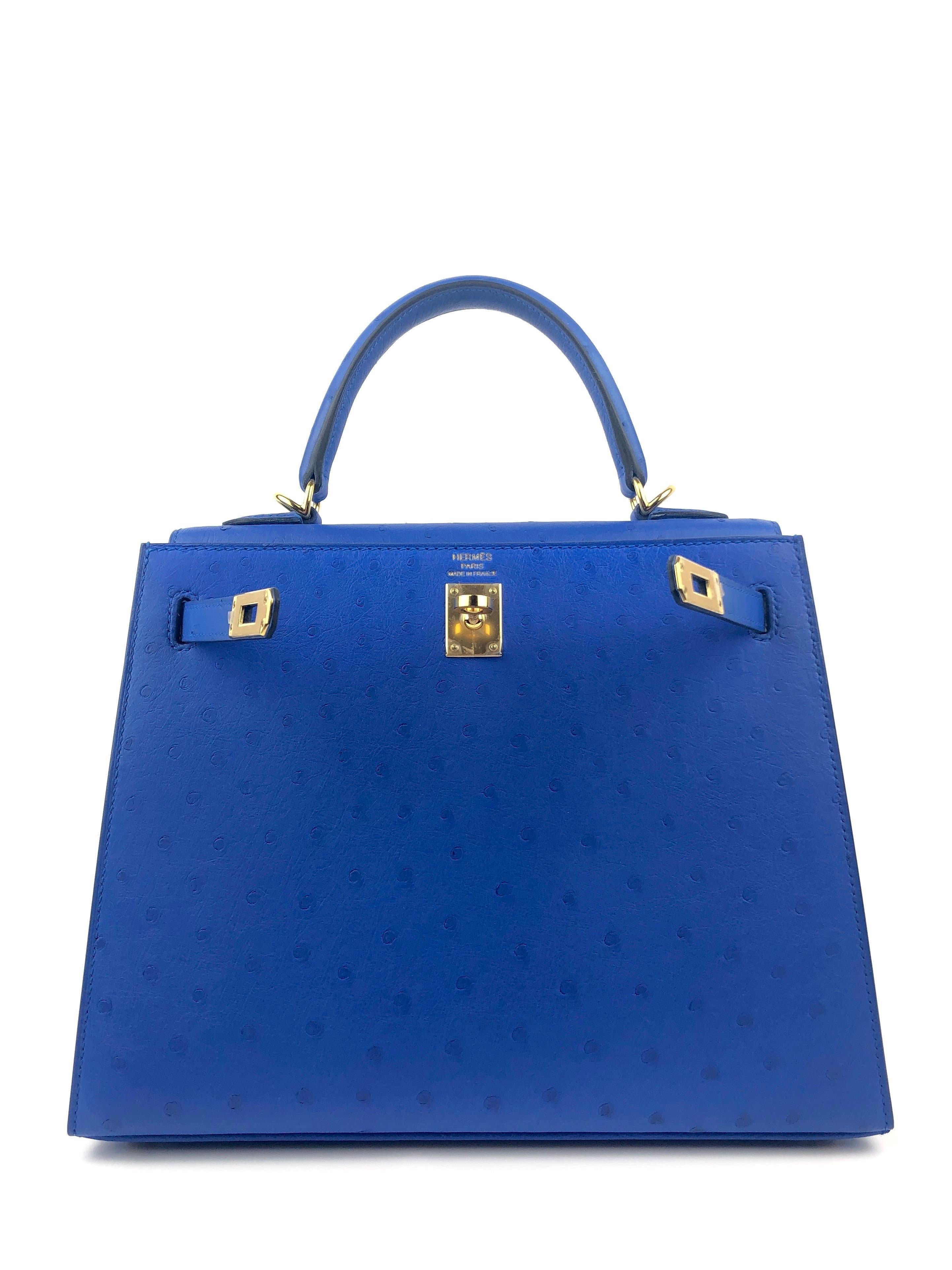 Hermes Kelly 25 Struzzo Bleuet Blu Hardware Oro In condizioni Nuovo a Miami, FL
