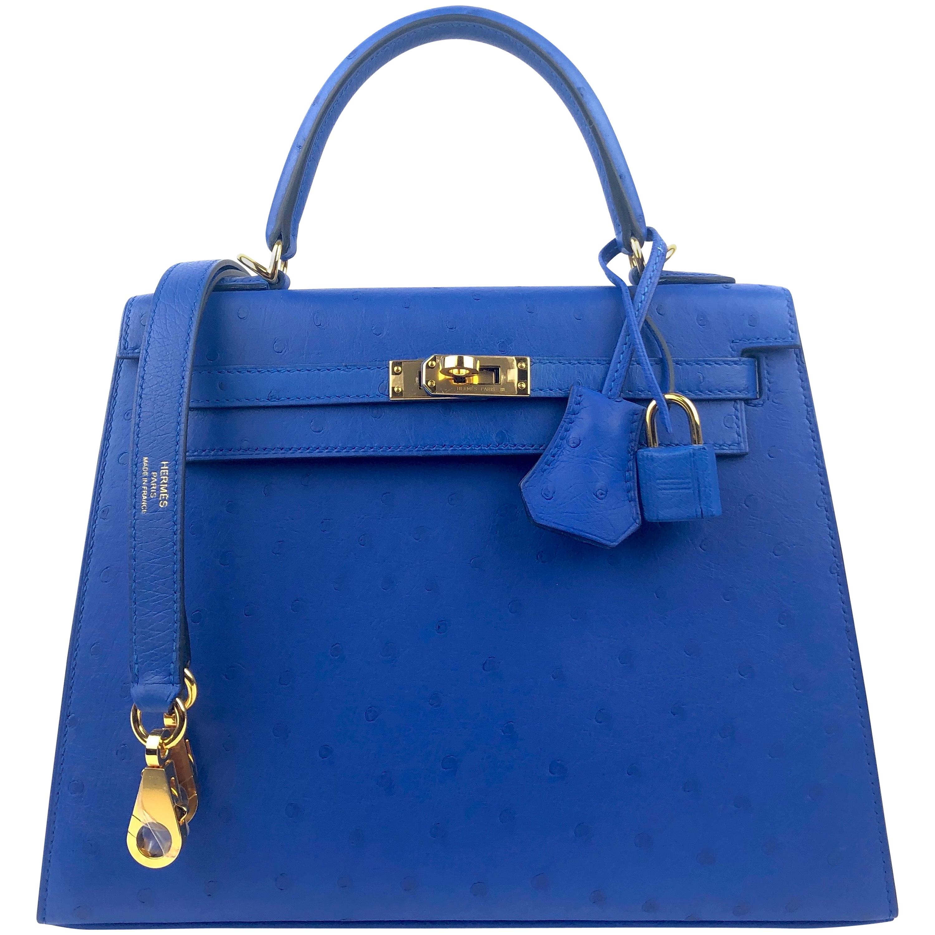 Hermes Kelly 25 Ostrich Bleuet Blue Gold Hardware at 1stDibs