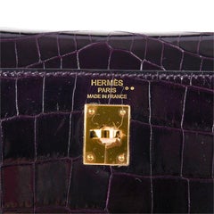 Hermes Kelly 25 Purple Exotic Porosus Crocodile Gold Top Handle Tote Bag
