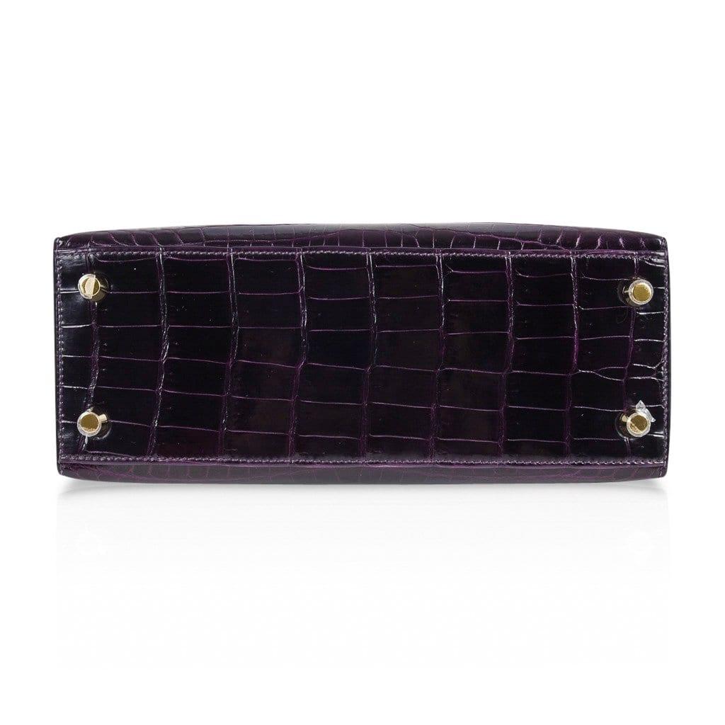 Women's Hermes Kelly 25 Purple Exotic Porosus Crocodile Gold Top Handle Tote Bag