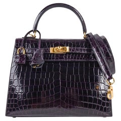 Hermes Kelly 25 Purple Exotic Porosus Crocodile Gold Top Handle Tote Bag