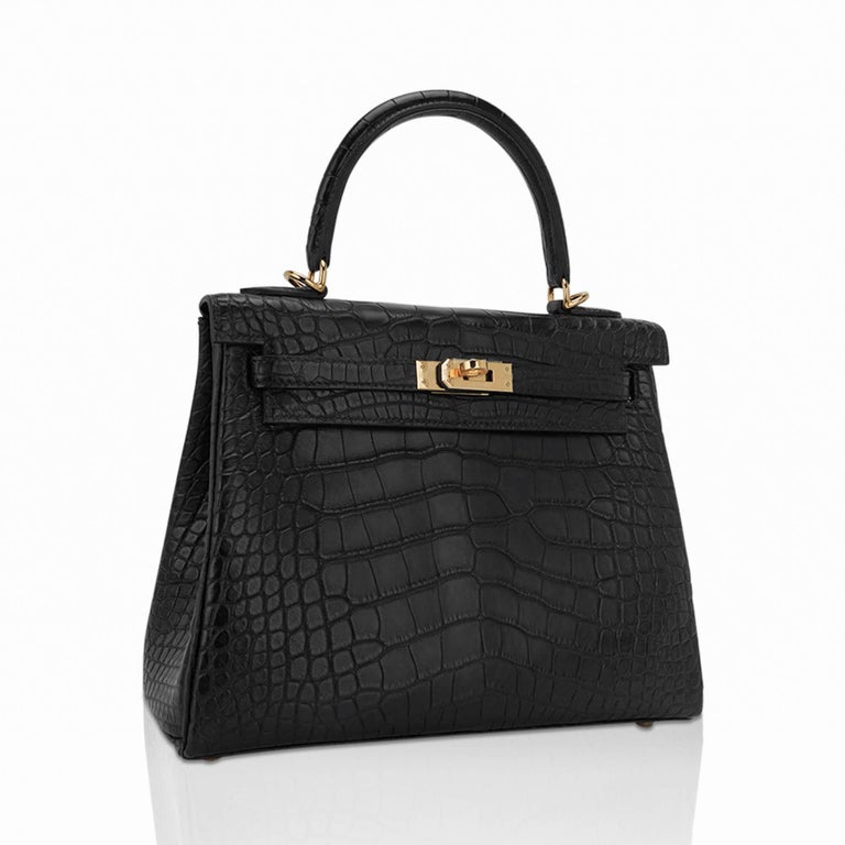 Hermes Kelly 25 Retourne Tasche Schwarz Matt Alligator Gold