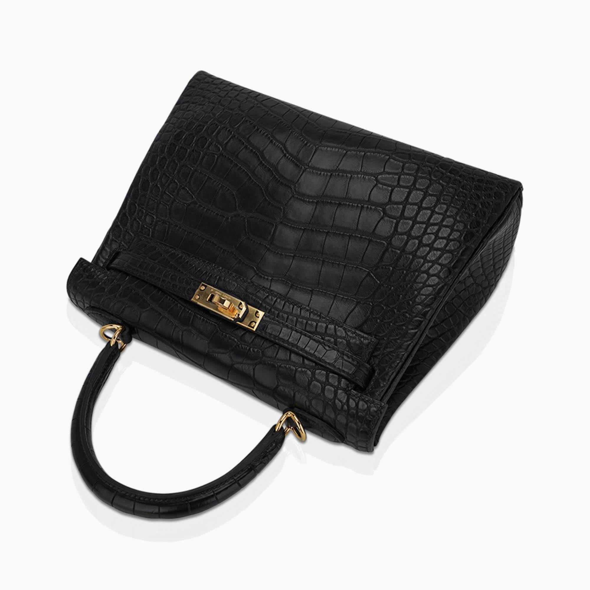 Hermes Kelly 25 Retourne Bag Black Matte Alligator Gold Hardware For Sale 4