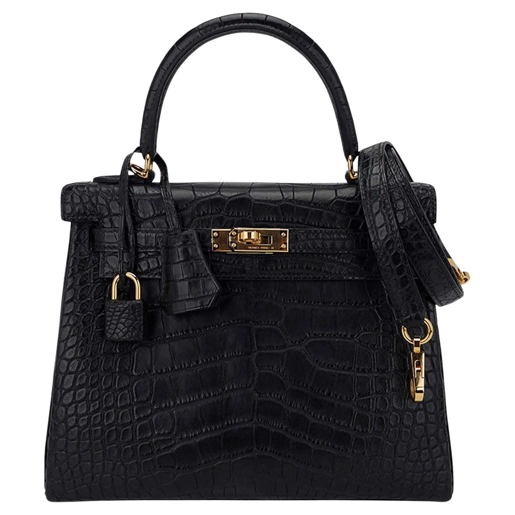 Hermes Kelly 25 Retourne Tasche Schwarz Matt Alligator Gold Hardware