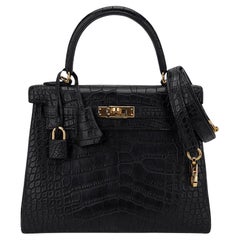 Hermes Kelly 25 Retourne Tasche Schwarz Matt Alligator Gold Hardware