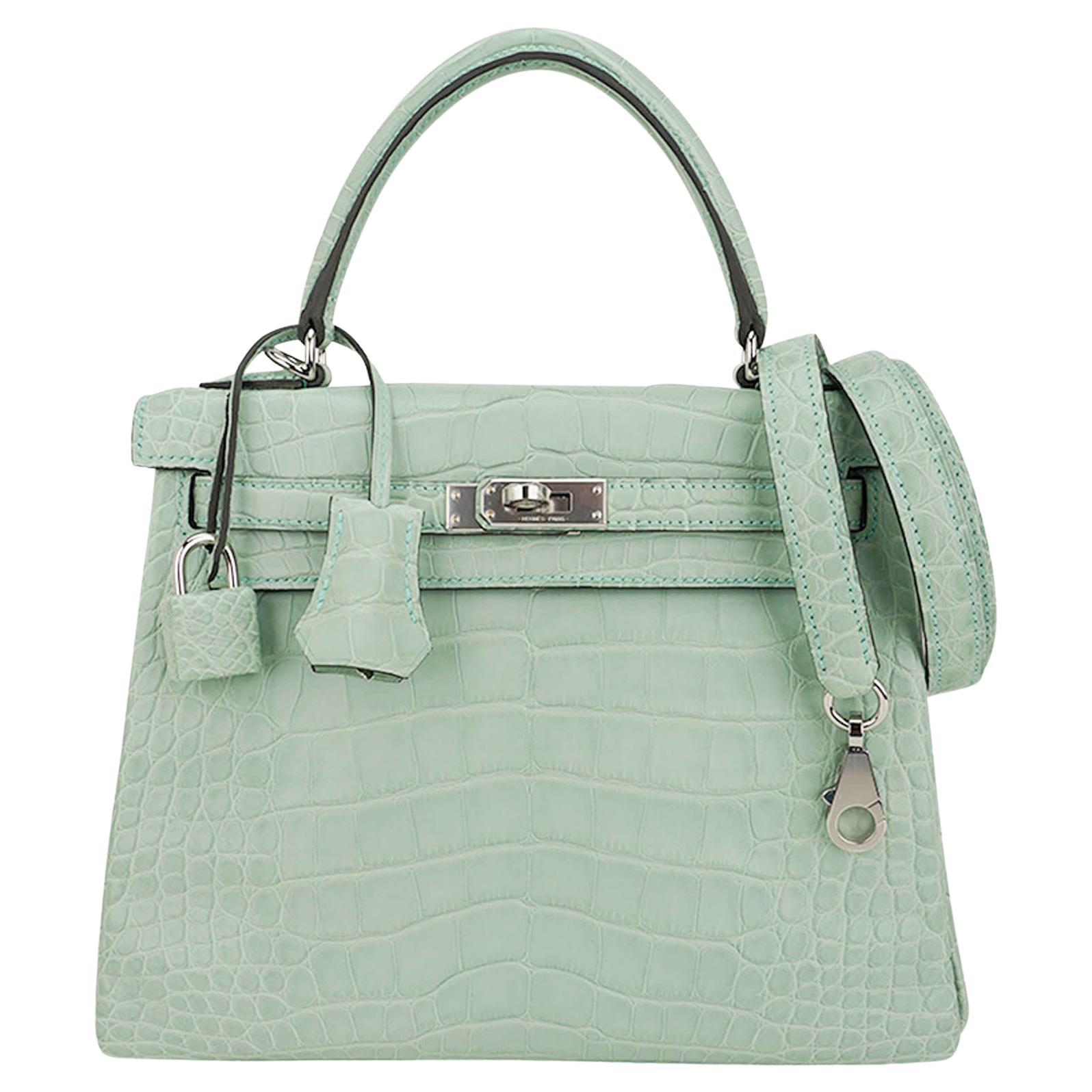 Hermes Kelly 25 Retourne Bag Vert d'Eau Matte Alligator with Palladium Hardware