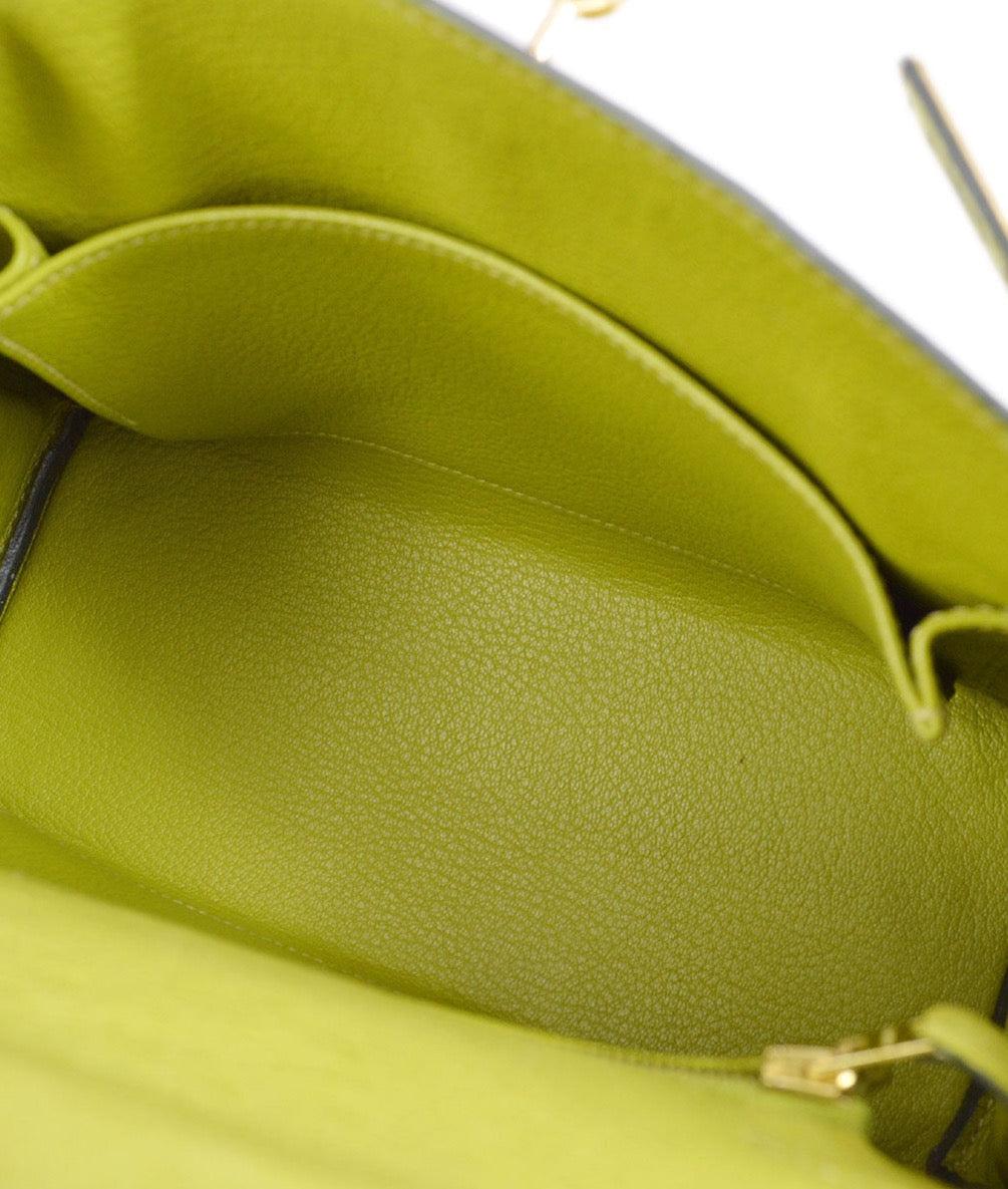 Brown HERMES Kelly 25 Retourne Neon Green Ostrich Exotic Gold Top Handle Shoulder Bag