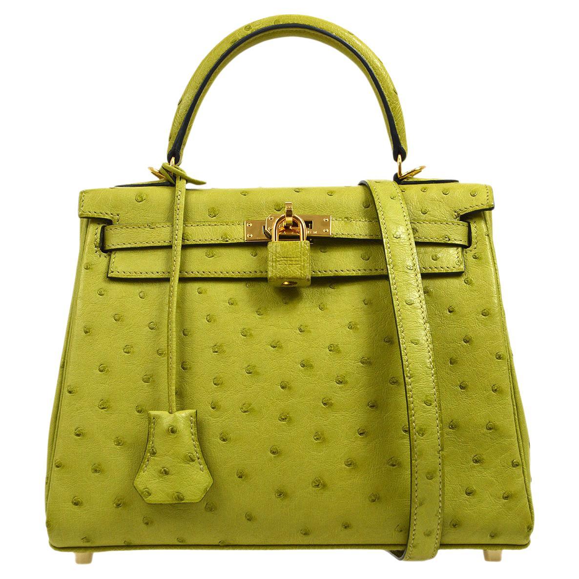 HERMES Kelly 25 Retourne Neon Green Ostrich Exotic Gold Top Handle Shoulder Bag
