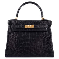 Hermes Kelly 25 Retourne Noir Matte Alligator Gold Hardware