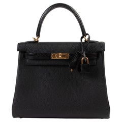 Hermès Kelly 25 Retourne Touch Togo Lezard Noir GHW