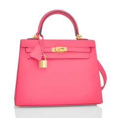 Hermes Kelly 25 Rose Azalee Permabrass Epsom Sellier Shoulder Bag NEW Ultra Rare