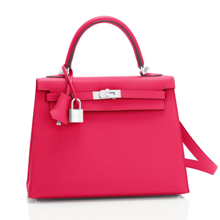 Hermes Kelly 25 Rose Extreme Pink Epsom Sellier Bag Palladium Y Stamp, 2020
Just purchased from Hermes store; bag bears new interior 2020 Stamp.
Brand New in Box. Store Fresh. Pristine Condition (with plastic on hardware).
Perfect gift! Comes full